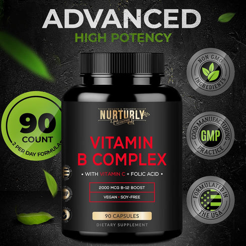 Vitamin B Complex with Vitamin C, 90 Capsules, All Essential B Vitamins for Energy, Immunity & Mood Support
