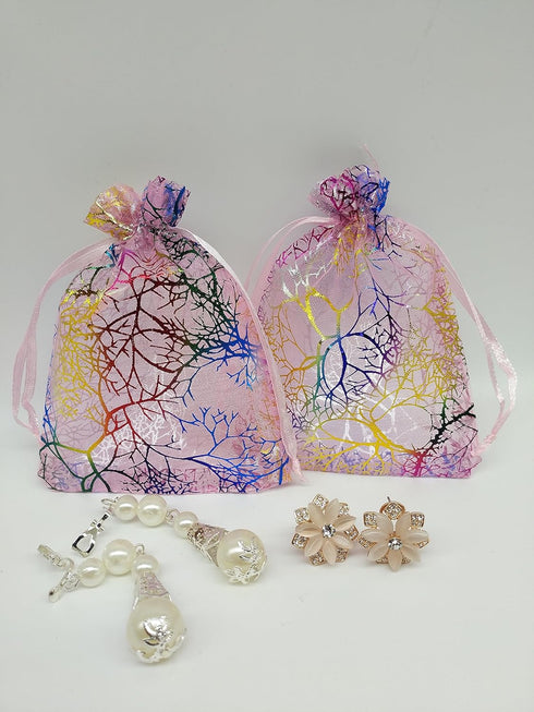 100pcs Sheer Organza Favor Bags, Rattan Print Gift Bags, Drawstring Pouches for Wedding Baby Shower (3x4 inch, coral