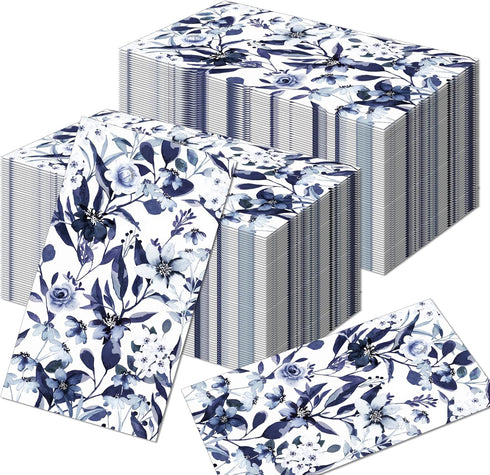 100 Blue Floral Paper Napkins - Disposable Spring Flower Guest Napkins for Party, Kitchen, Wedding, Baby Shower