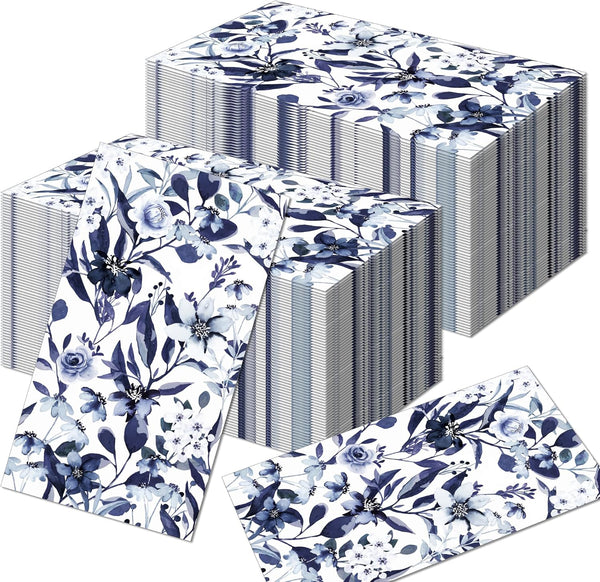 100 Blue Floral Paper Napkins - Disposable Spring Flower Guest Napkins for Party, Kitchen, Wedding, Baby Shower