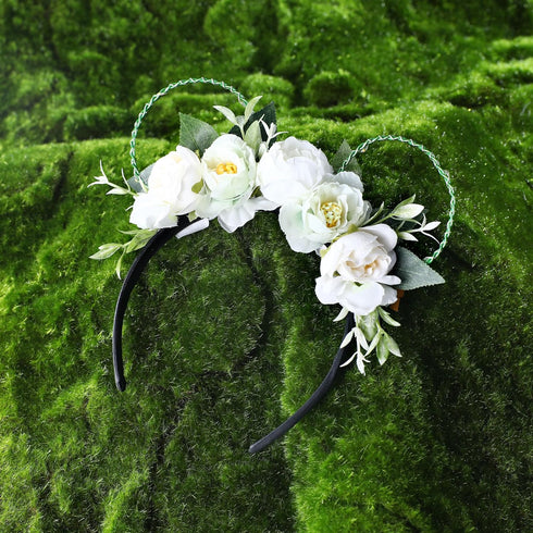 White Rose Flower Light Up Mouse Ear Headband, Floral Headwear for Women Girls, Wedding Party Costume