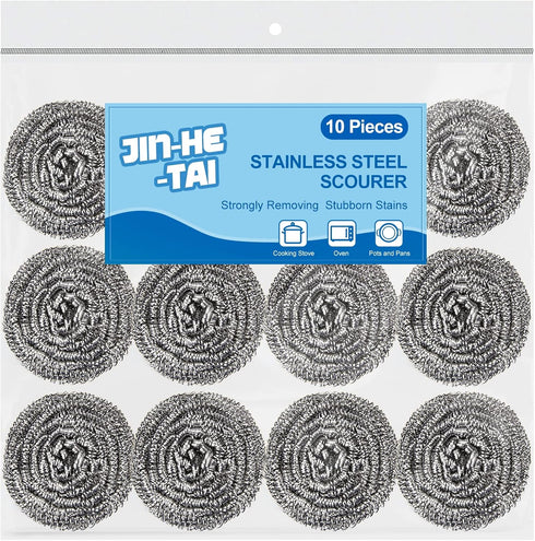 10 Pack Stainless Steel Scrubber, Steel Wool for Scouring Pots, Pans, Stoves, Grills, Broiler Racks and More