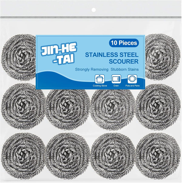 10 Pack Stainless Steel Scrubber, Steel Wool for Scouring Pots, Pans, Stoves, Grills, Broiler Racks and More