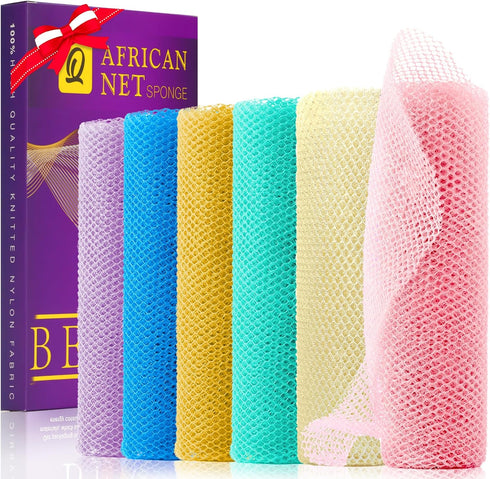UJFQBH 6 Pieces African Net Sponge, Long Bath Sponge Exfoliating Shower Body Scrubber for Daily Use - Purple, Orange