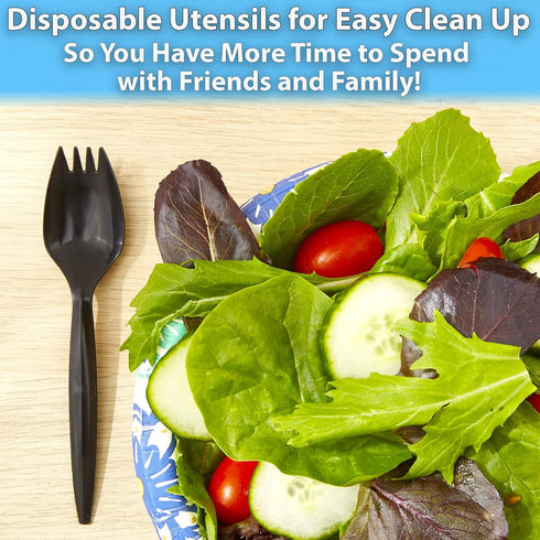 BPA-Free Black Disposable Sporks 100 Pk. Eco-Friendly, Recyclable 2-in-1 Utensils for Large Meals, School Lunch,