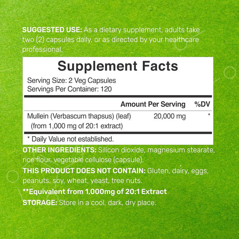 DEAL SUPPLEMENT Mullein Leaf Extract 20,000mg, 240 Veggie Capsules – 4 Month Supply – Natural Lung Detox Herbal Supplement – Supports Respiratory & Immune Health – Non-GMO, Vegan