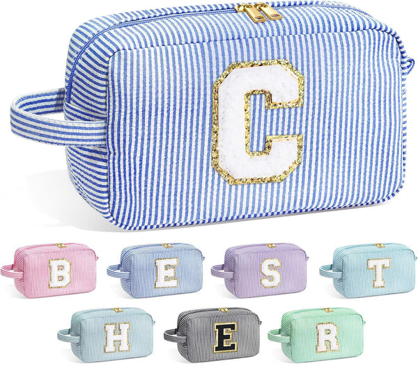 Makeup Bag for Women - Monogram Cute Initial Blue Makeup Bags, Cosmetic Toiletry Pouch, Personalized Birthday Gifts for