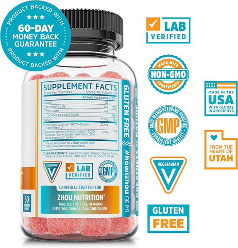 Zhou Nutrition Screen Eyes Gummies, Eye Strain Relief with Blue Light Formula, Lutemax 2020 and Marigold Extract, Vision Health Supplement, Tropical Berry Flavor, 30 Servings, 60 Gummies