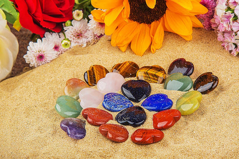 JIC Gem 20 pcs Mixed Crystal Heart Stones, Heart Shape Chakra Stones, 30mm Reiki Balancing Hand Carved