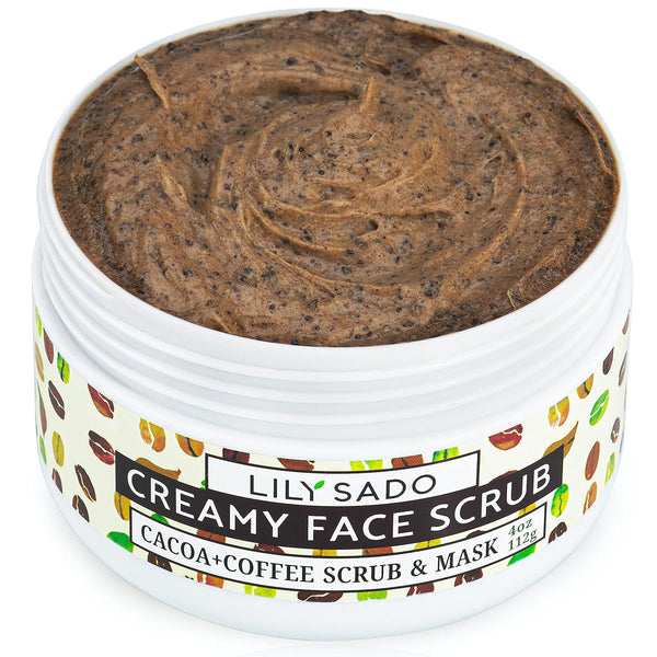 LILY SADO Cocoa & Coffee Creamy Face Scrub, Best Exfoliating Vegan Facial Cleanser, 4 oz