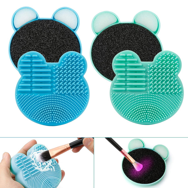 TailaiMei 2 Pack Makeup Brush Cleaning Mat with Color Removal Sponge, 2 in 1 Silicone Cleaner Pad, Blue & Green