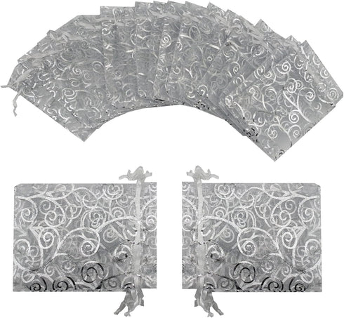 100pcs Sheer Organza Favor Bags - Rattan Print Gift Bags for Wedding Baby Shower, 4x6, Silver