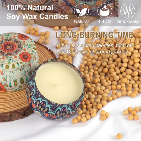 Set 120H 4 Pack 4.4 Oz Scented Candles Gift - Women Candle Natural Soy Wax Aromatherapy Candle Stress Relief Small