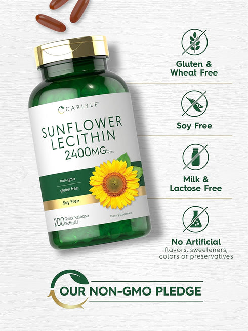 Carlyle Sunflower Lecithin Softgel Capsules, 2400mg, 200 Count, Non-GMO, Soy Free, Gluten Free Supplement