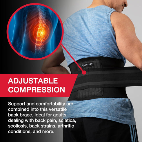 MUELLER Sports Medicine Adjustable Back Brace, Ideal for Upper and Lower Back Pain, Relief & Support for Men and Women