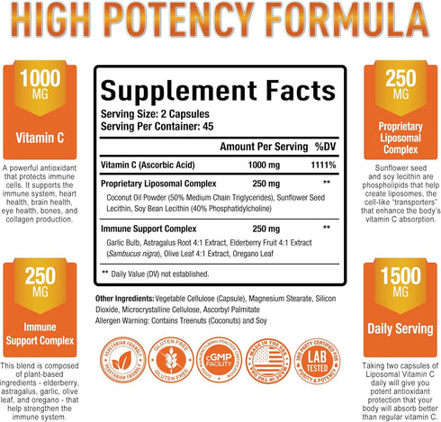 Premium Liposomal Vitamin C Supplement - High Absorption, Fat Soluble Ascorbic Acid Vitamin C 1000mg for Immune Support - Collagen & Immune System Booster, Non-GMO, 90 Capsules