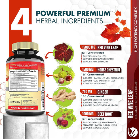90 Vegan Capsules of 18250mg Red Vine Leaf Extract - with Horse Chestnut, Beet Root, Ginger - Herbal Supplement for