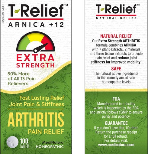 T-Relief Extra Strength Arthritis Arnica +12 Pain Relieving Natural Medicines - 100 Tablets (2 Pack)