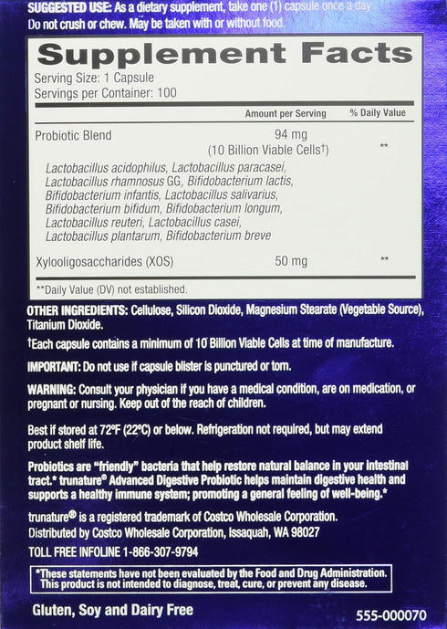 Trunature Advanced Digestive Probiotic, 100 Count, White
