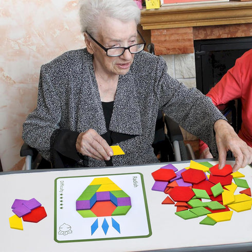 PHIELEY 80 Activities for Dementia Patients, Pieces Wooden Tangrams Puzzle Game for Seniors, Colorful Shape Pattern