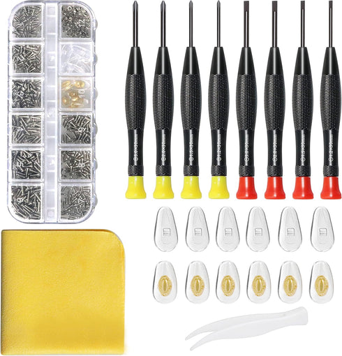Eyeglass Repair Kit with Glasses Screws, Precision Screwdriver, Nose Pads, Cleaning Cloth, Tweezers