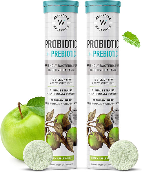 WELLBEING NUTRITION Daily Probiotic + Prebiotic - 42 Effervescent Tabs, 18 Billion CFU, 6 Strains for Digestion