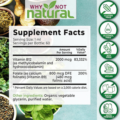 Why Not Natural Vitamin B12 Liquid Plus Folate - Organic Sublingual Extra Strength Vegan drops - Methyl B12 and Folinic Supplement
