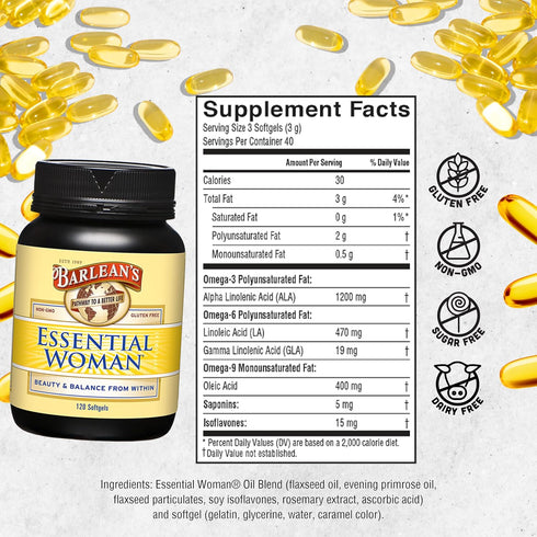 Barlean's Essential Woman Capsules - 120 Count - Hormonal Balance Supplement for Women with Flaxseed, Evening Primrose