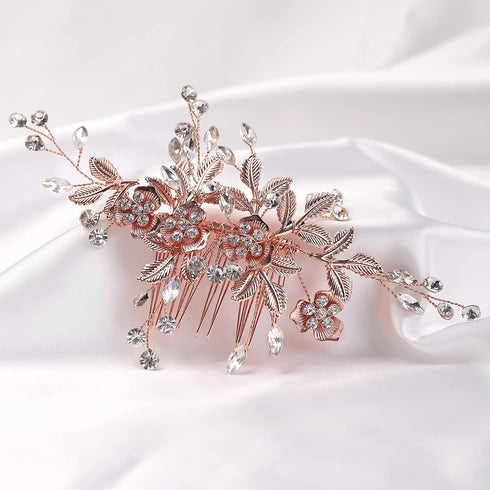 YERTTER Vintage Rhinestones Bride Wedding Hair Accessories - Rose Gold Crystal Floral Leaves Bridal Hair Comb