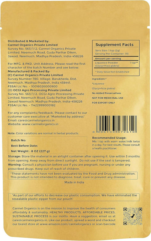 CARMEL ORGANICS Licorice Root Powder - 8 Ounce Herbal Supplement, Natural Sweetener and Digestive Aid, Non-GMO