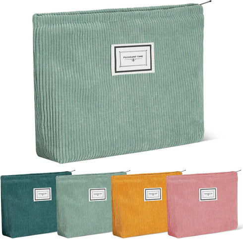Sanwuta 4 Pack Velvet Cosmetic Bag, Large Capacity Corduroy Pouch, Zipper Canvas Makeup Bags, Travel Toiletry Organizer