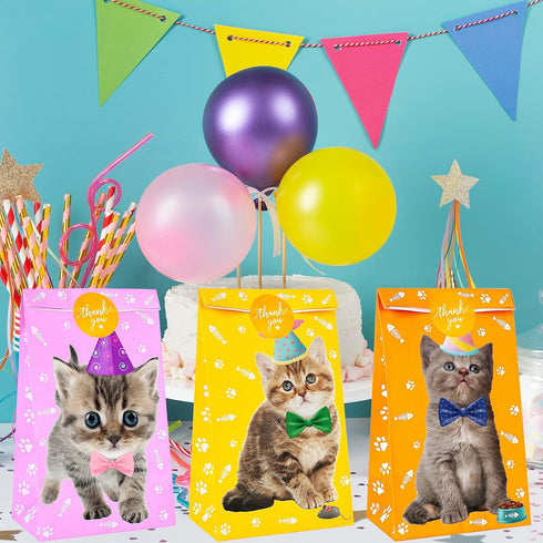 Cat Gift Bags Kitten Paper Goodie Bags, 12PCS for Kids Birthday, Pet Adoption, Cat Theme Party Supplies
