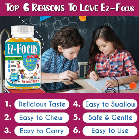 Ez Focus Gummies for Kids - Chewable Focus Vitamins for Brain Support, Attention & Calming, Natural Omegas DHA