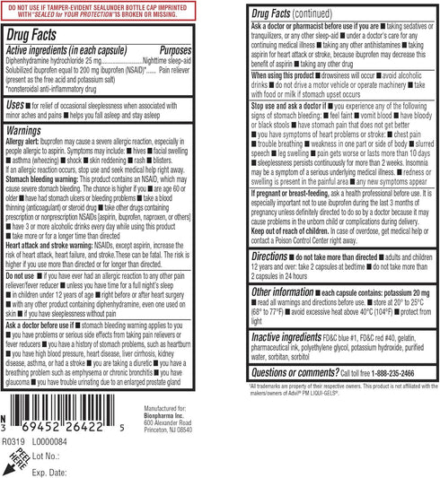 Ibuprofen PM Softgels, Pain Reliever/Nighttime Sleep Aid, Made in USA, 120 Count