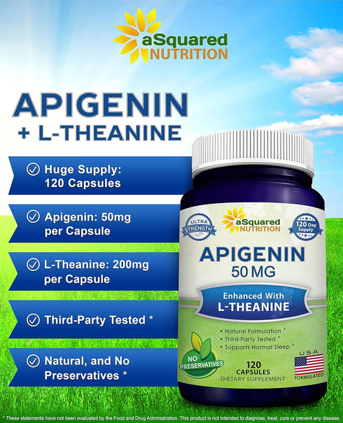 aSquared Nutrition Apigenin 50mg & L-Theanine 200mg - 120 Capsules for Sleep and Relaxation