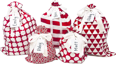 100% Cotton Gift Bags, Standard Set, Red, Set of 5 bags: three 16"x12" and two 10"x8"