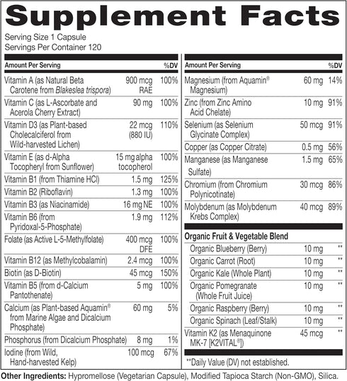 NATURELO One Daily Multivitamin for Women 50+ (Iron Free) - Menopause Support - Whole Food Supplement - Non-GMO - 120