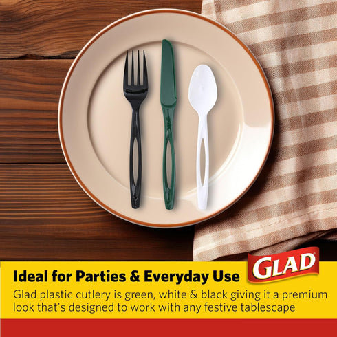 Glad Plastic Heavy Duty Forks, 120ct Green, White, Black Cutlery, Sturdy Disposable Party Utensils Set