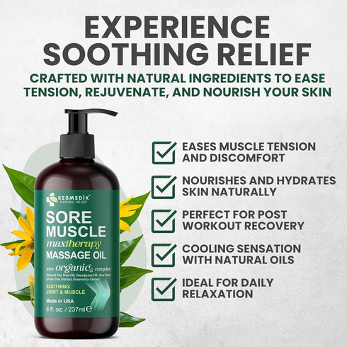 Sore Muscle Massage Oil for Massage Therapy with Arnica, Eucalyptus & Tea Tree Oil Blend for Deep Muscle Relief