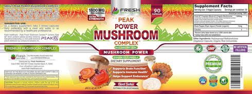 FRESH HEALTHCARE Mushroom Supplement, Lions Mane, Cordyceps, Reishi, Turkey Tail, 90 Vegan Capsules