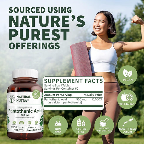 Natural Nutra Time Release Pantothenic Acid 500 mg, Vitamin B5 Supplement - Helps Break Down Fat and Carbohydrates,
