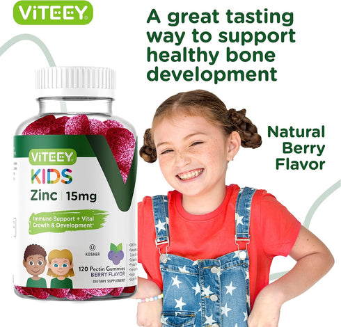 Zinc Gummies for Kids 15mg - Immune Support & Antioxidant - Vegan, Gluten Free, Tasty Chewable Berry Flavor - 120 Count