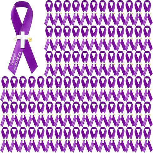 100 Pcs Cross Funeral Ribbons - Memorial Ribbon with Safety Pin for Mourning (Purple)