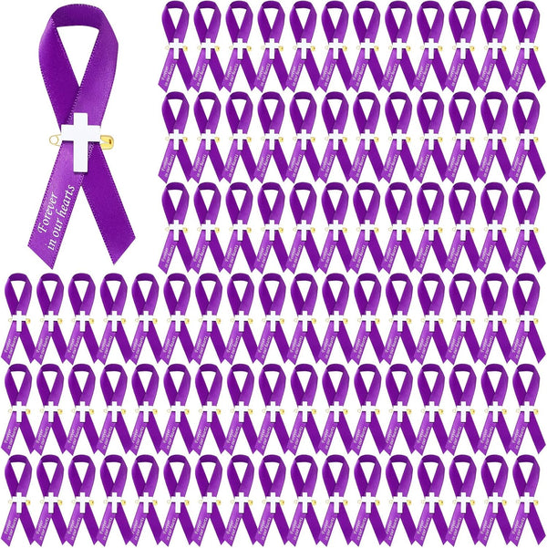 100 Pcs Cross Funeral Ribbons - Memorial Ribbon with Safety Pin for Mourning (Purple)