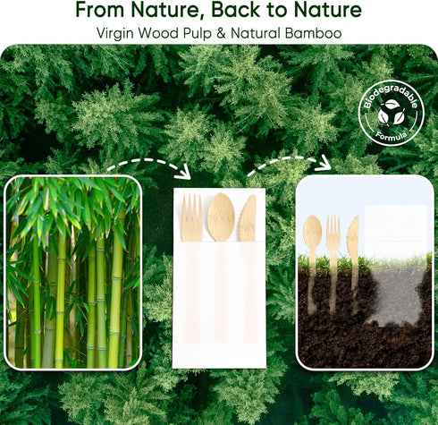 Set, Events-50 Pack Napkin and Bamboo Cutlery Compostable Utensils Disposable Cutlery for Party, Wedding, BBQ, Camping