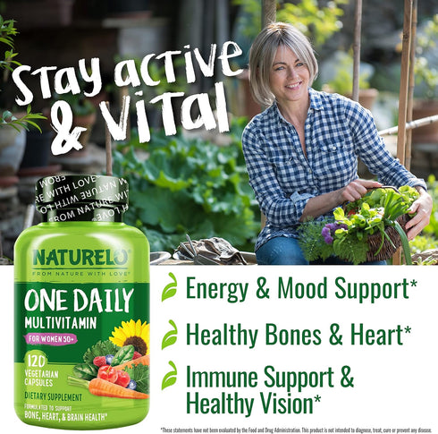 NATURELO One Daily Multivitamin for Women 50+ (Iron Free) - Menopause Support - Whole Food Supplement - Non-GMO - 120