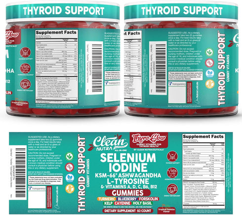 Gummies 66 B12, B6 ThyroGlow Thyroid Support Selenium Iodine KSM Ashwagandha L Tyrosine Vitamin D, C, Turmeric