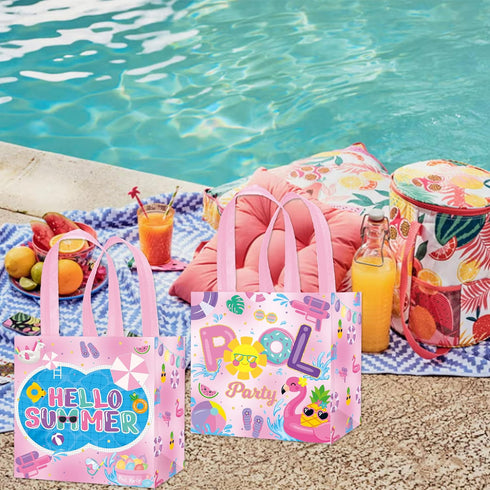 C L cooper life 12pcs Summer Pool Party Gift Treat Bags, Pink Hello Summer Theme Non-Woven Bags for Girls