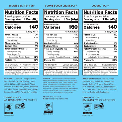 Pack 15-17g 12 Count BUILT Bar Puff Protein Bars - Variety - Protein Snack Bars with Collagen - Calorie Conscious