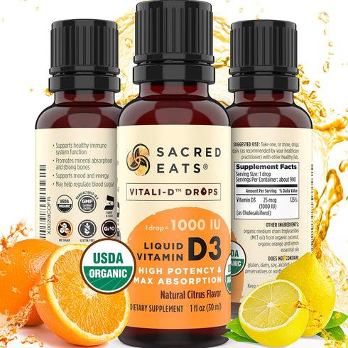 Organic Liquid Vitamin D Drops for Kids & Adults, Sugar Free, 1,000 IU/Drop in Coconut MCT Oil, Great Taste